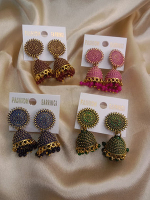 Avoroni Traditional Multi Color Studded Jhumka Earrings for Women & Girls ( Set of 4 ) Brass, Alloy Jhumki Earring