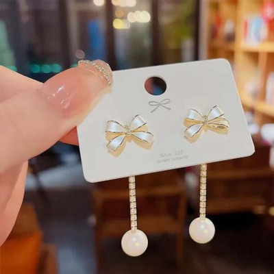 LBTK Simple bow drop pearl western light weight earrings Cubic Zirconia Brass Stud Earring