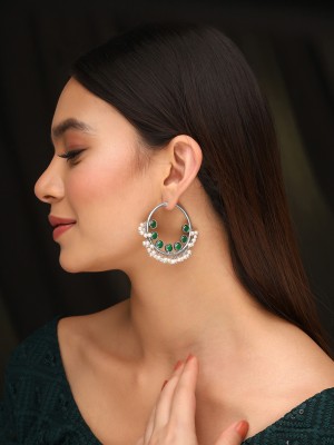 Priyaasi Silver-Plated Hoops Earrings Adorned with Pearls and Green Stones German Silver Hoop Earring