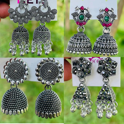 Goldica Jewels Women silver Earrings Pack Of 4 Silver oxidised earring, Alloy Jhumki Earring, Earring Set