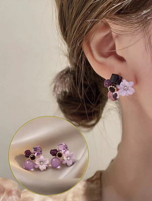 RAPPERSSHOP Crystal Flower Small Square Cubic Zirconia Flower Stud Earrings Alloy Stud Earring, Earring Set, Plug Earring, Rhinestone Studs