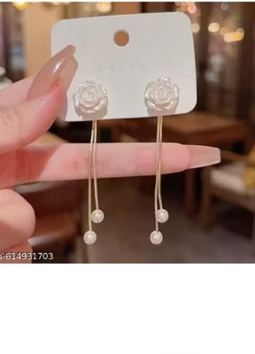 RISHASTYLE Korean stylish white flower motive and pearl earrings long chain Zircon Alloy Drops & Danglers, Jhumki Earring