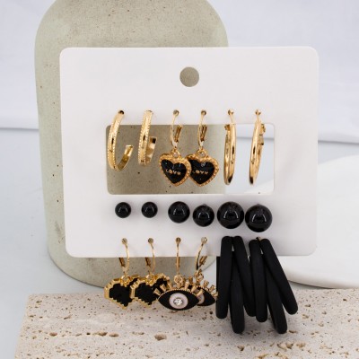 DESTINY JEWEL'S New Trendy Geometric 9Pair Black & Gold Evil Eye Heart Hoops Earrings Set Alloy Hoop Earring