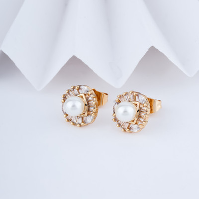 Shree Enterprise Round Shape White Pearl With American Daimond Plug Earring Pearl Alloy Plug Earring