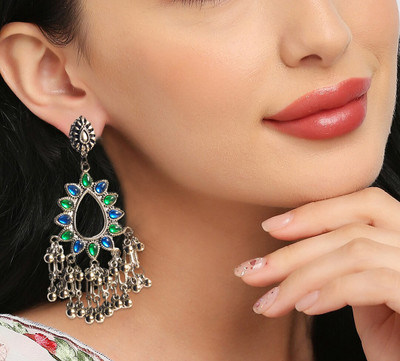Pink Moon Oxidised Silver Oxidised Blue and Green Kundan Stone Earrings Set Blue Sapphire, Black Diamond, Beads German Silver, Stone, Alloy Chandbali Earring, Jhumki Earring, Earring Set, Drops & Danglers