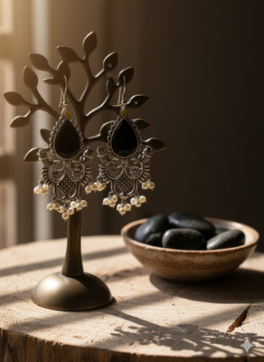 hassansgem Traditional oxidized silver black stone earings Onyx Alloy Chandbali Earring, Drops & Danglers