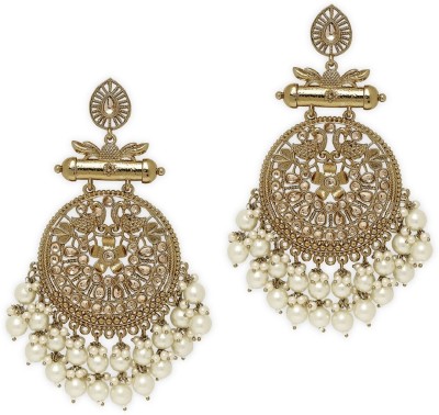 fabula Gold Tone Kundan & Pearls Peacock Design Ethnic Large Drop Beads, Crystal Alloy Drops & Danglers