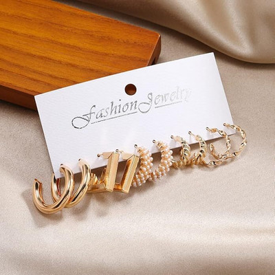Blingate Combo 5 Pair Stunning Gold Plated Pearl Alloy Hoop Earrings for Women and Girls Alloy Hoop Earring