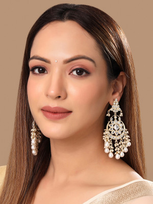 YELLOW CHIMES Gold Plated Kundan Studded Beads Drop Chandbali Earrings Beads Metal Chandbali Earring
