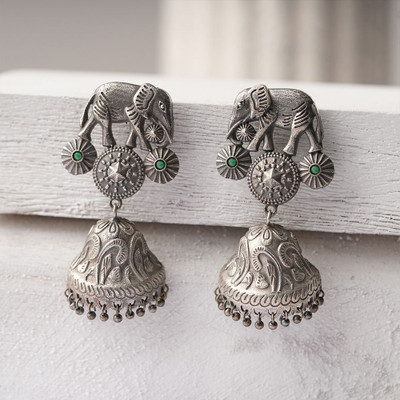Sanseeta Hastini- Silver Brass Oxidised dangler earrings Zircon Brass Jhumki Earring