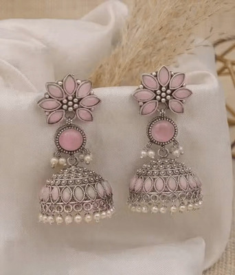 Devik Traders Floral Oxidized Silver-Toned Pink Stone Jhumka Earrings with Pearls Beads Alloy Earring Set