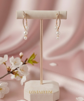 LOVIA BY HM GOLD EARRINGS FOR WOMEN, KOREAN EARRINGS, WHITE PEARL AD EARRINGS Cubic Zirconia Alloy Drops & Danglers