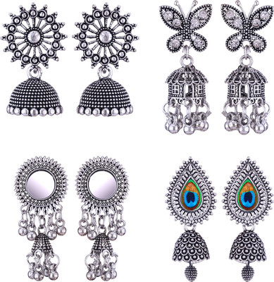 MEENAZ oxidised earrings jhumki silver combo party stylish simple small jhumka 4 set Beads, Pearl, Cubic Zirconia, Diamond Brass, Enamel, Copper, Zinc, Stone Drops & Danglers, Chandbali Earring, Earring Set, Jhumki Earring