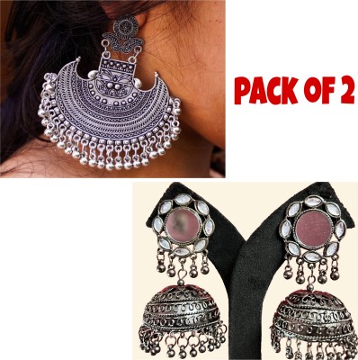 tanshu Pack Of 2 Black And Silver Oxidised Jhumka Earrings Brass Jhumki Earring, Chandbali Earring, Stud Earring, Earring Set