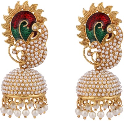 Styylo Jewels Pearl Studded Dancing Peacock Motif Meenakari Jhumka _SJ Pearl Brass Jhumki Earring