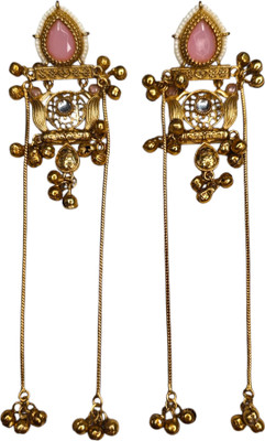 Sajobhi kashmiri pink stone geometric earrings long ghungroo chain Brass Drops & Danglers, Jhumki Earring
