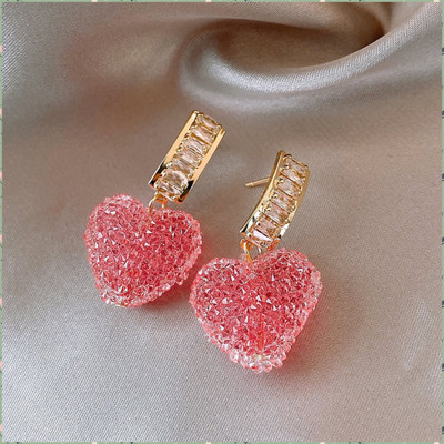 Vedali Korean Pink Love Heart Crystal Drop Earrings For Women/Girls Crystal Alloy Drops & Danglers