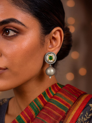 Digital Dress Room Drop Afghani Jhumka Earrings Ball/Green Stone Designs With Pearl Brass Drops & Danglers