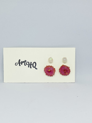 ArtHQ Handcrafted Pink Bloom & Green Meadow Earrings with Golden Accents Resin Drops & Danglers