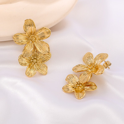 Aylana Golden Double Flower Drop Korean Earrings Alloy Drops & Danglers
