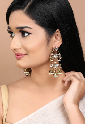 RUBANS Rubans 18K Mehandi Gold-Plated Pink & White Kundan Chandbali-Jhumka Earring Brass Jhumki Earring
