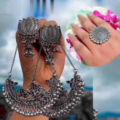 ISLANA Oxidised silver jhumki jhumka Earrings for women with Ring Alloy Jhumki Earring