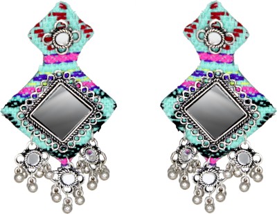 Hastkalakari Handmade Sea Green Fabric Mirror Work Earrings With Silver Motifs For Women Fabric, Alloy Drops & Danglers