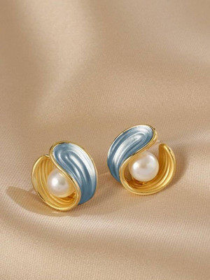 krelin Korean Style Korean Sea Blue Pearl Style Metal Studded Earrings Alloy Stud Earring