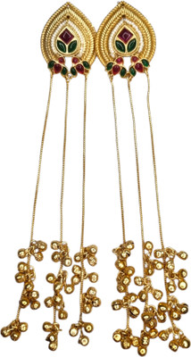 Sajobhi Kashmiri Long Chain Earrings with Green & Red Stone Temple Style Brass Tassel Earring, Jhumki Earring