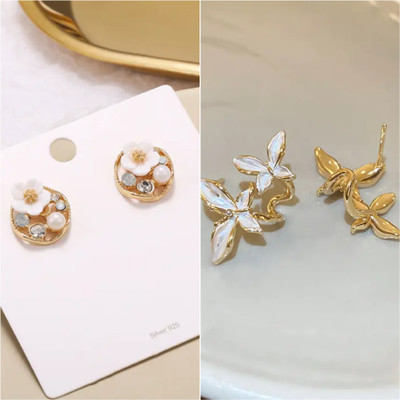 IEEP Korean Earrings Combo Pack of 2 for Women & Girls White Flower & Butterfly Studs Alloy Stud Earring
