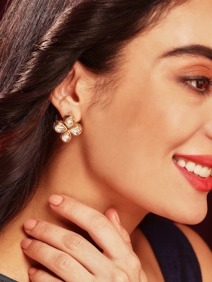 Priyaasi Kundan Flower Pattern Mini Charm Drop Earrings in Gold Plated Finish Brass Stud Earring