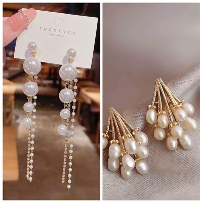 FFSTYLE New fashionable korean diamond chain pearl and flower dom earrings Alloy Drops & Danglers, Earring Set, Clip-on Earring