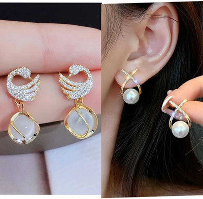 Miraclewood Western Style Trending Combo Pack of 2 Korean Studs Earring For Women And Girls Cubic Zirconia, Diamond, Opal, Pearl Alloy Drops & Danglers, Jhumki Earring, Stud Earring, Plug Earring, Earring Set