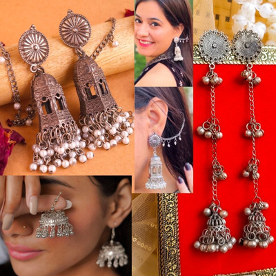 ISLANA combo of 4 Oxidised silver jhumki jhumka Earrings for women and girls Alloy Jhumki Earring