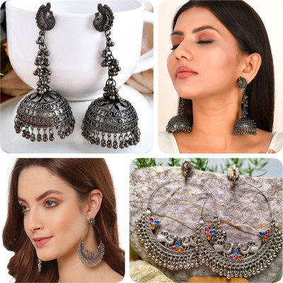 ISLANA Combo of 2 Oxidised Chandbali and Jhumka Earrings for Women & Girls Alloy Jhumki Earring