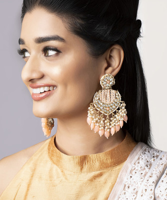 RUBANS Rubans Gold Plated Chandbali Earrings With Golden And Pink Beads Brass Chandbali Earring