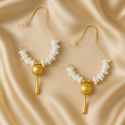 vien Elegant Gold & White Beaded Drop Earrings for Women & Girls Stainless Steel Drops & Danglers