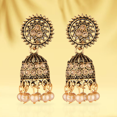 Golden Vine Antique Gold Oxidized Jhumka Earrings with Peach Pearls & Stones Metal Earring Set