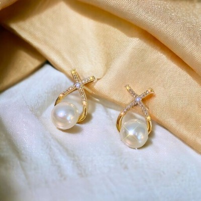 MAHADEV CREATION Korean Diamond Studded Cross Pearl Gold Stud Earring Crystal Alloy Stud Earring