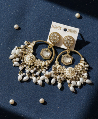 DHVANI Luxe Pearl Chandelier Earrings Beads Alloy Chandbali Earring