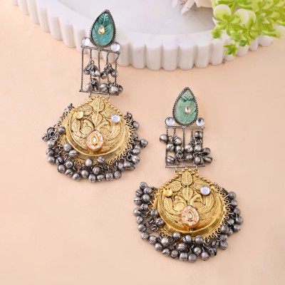 Voylla Antique Opulance Floral Statement Turquoise Chandbali Earrings Brass Drops & Danglers