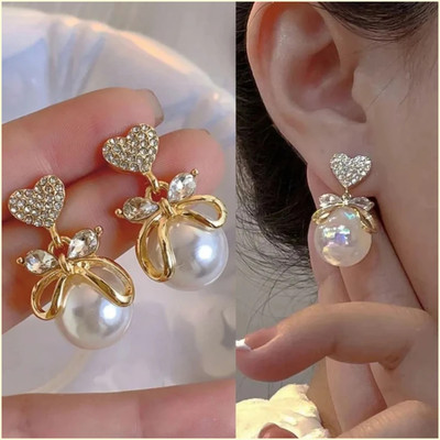 TVI Korean Studded Bow Heart Big Pearl Drop Earrings For Women/Girls Cubic Zirconia Alloy Stud Earring