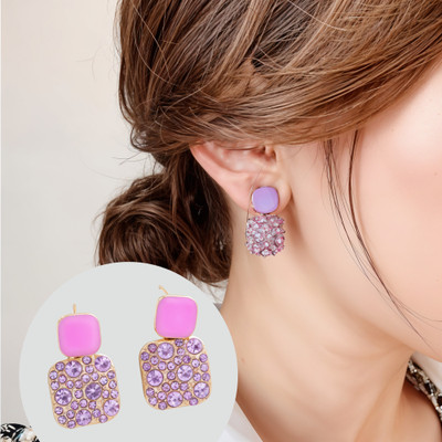RAPPERSSHOP Pink Luxurious Square Rhinestone Drop Dangle Earrings Cubic Zirconia Alloy Drops & Danglers, Jhumki Earring, Stud Earring