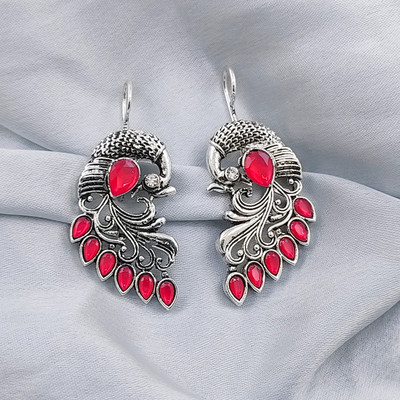 SAIIZEN Peacock silver plated Maroon Drop & dangler earring set for womens & girls Pearl Alloy Drops & Danglers