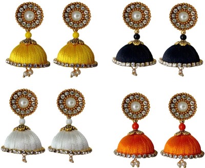 Tia Crafts Handmade Silk Thread Yellow, Black, Orange and White Jhumki earrings Fabric Drops & Danglers
