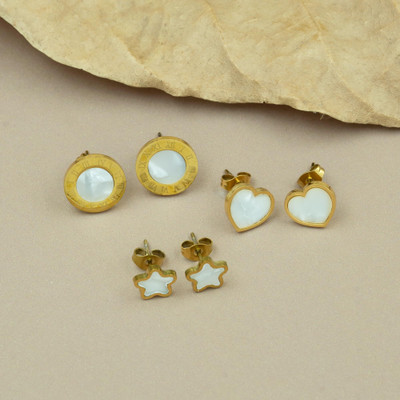 ARTKLIM Golden-Plated MOP Earrings Set of 3 Stainless Steel Stud Earring