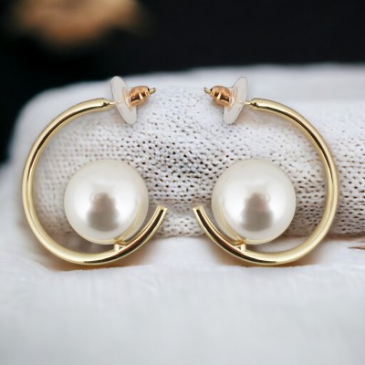 Lucky Jewellery Designer 18k Gold Plated With Pearl Semi Hoop Dangle Earrings For Girls & Women Pearl Alloy Huggie Earring