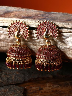 Anika's Creation Anika's Creation Classic Gold Plated Enamelled Dancing Peacock Jhumka Earrings For Women And Girls Pearl Alloy Jhumki Earring