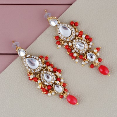 Lucky Jewellery Traditional Gold Plated Kundan Stone Red Earrings for Girls & Women Beads Alloy Drops & Danglers