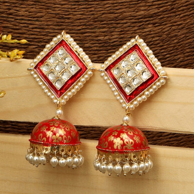 ANOUK Gold Plated Red Meenakari Jhumka Earrings Kundan Studded and Pearls for Women Brass Jhumki Earring